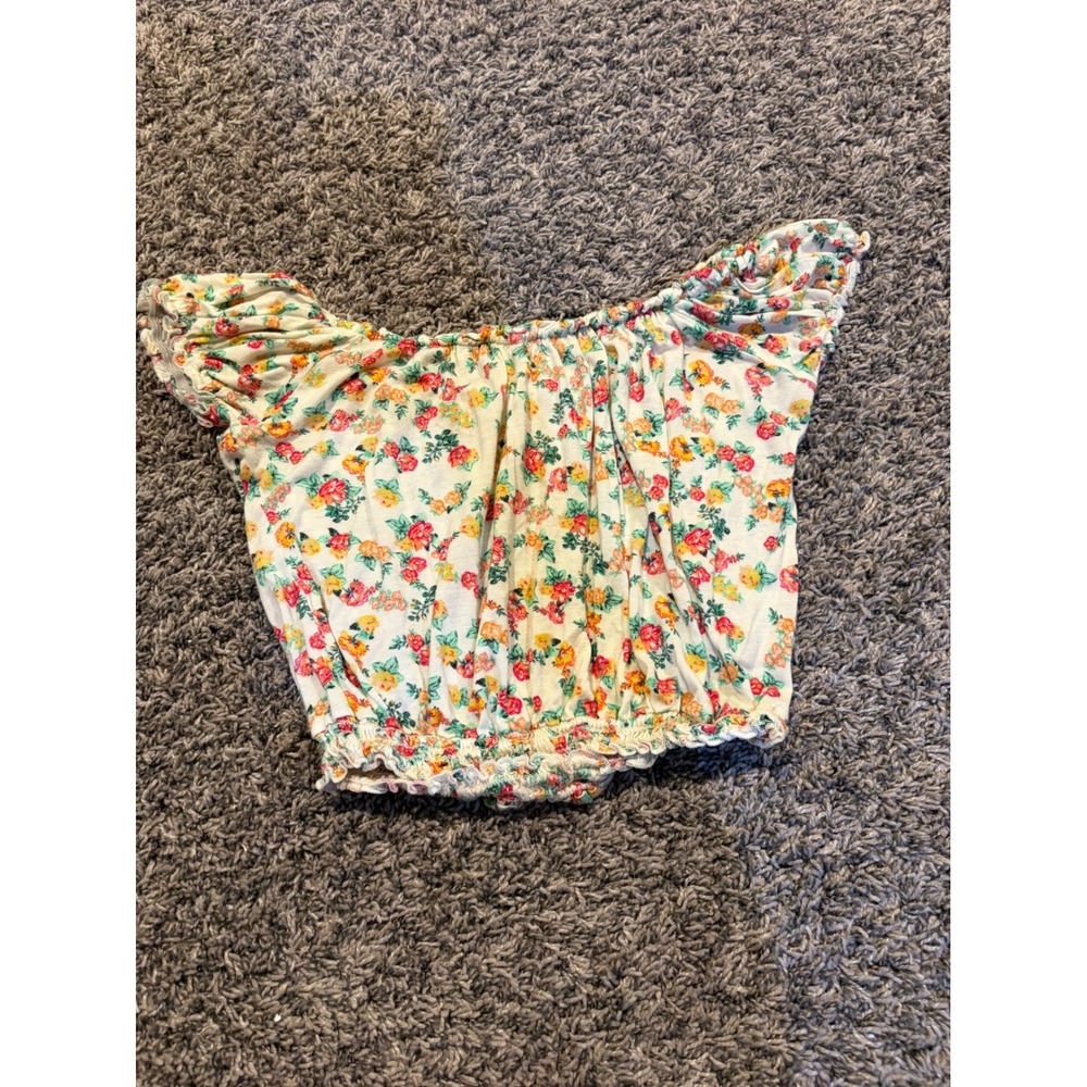 Pins and Needles Floral Off The Shoulder Crop Top Smocked Hem Cream XS